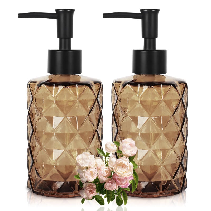Ulable Dark Brown Glass Soap Dispenser with Pump 12oz Diamond Design Hand Soap Dispenser Refillable Lotion Dispenser Dish Dispenser Bathroom Dispenser for Dishwashing Liquid Shower Gel