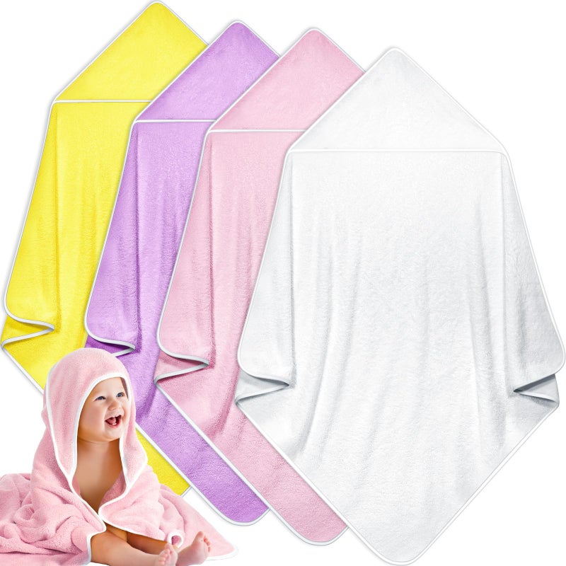 Reginary 4 Pack Baby Hooded Towels Coral Fleece Baby Bath Towels 30 x 30 Inch Soft Absorbent Hooded Bath Blanket for Newborn Toddler Infant Boy Girl Shower Gift Supplies (Pink, Purple, Yellow, Beige) - Image 1