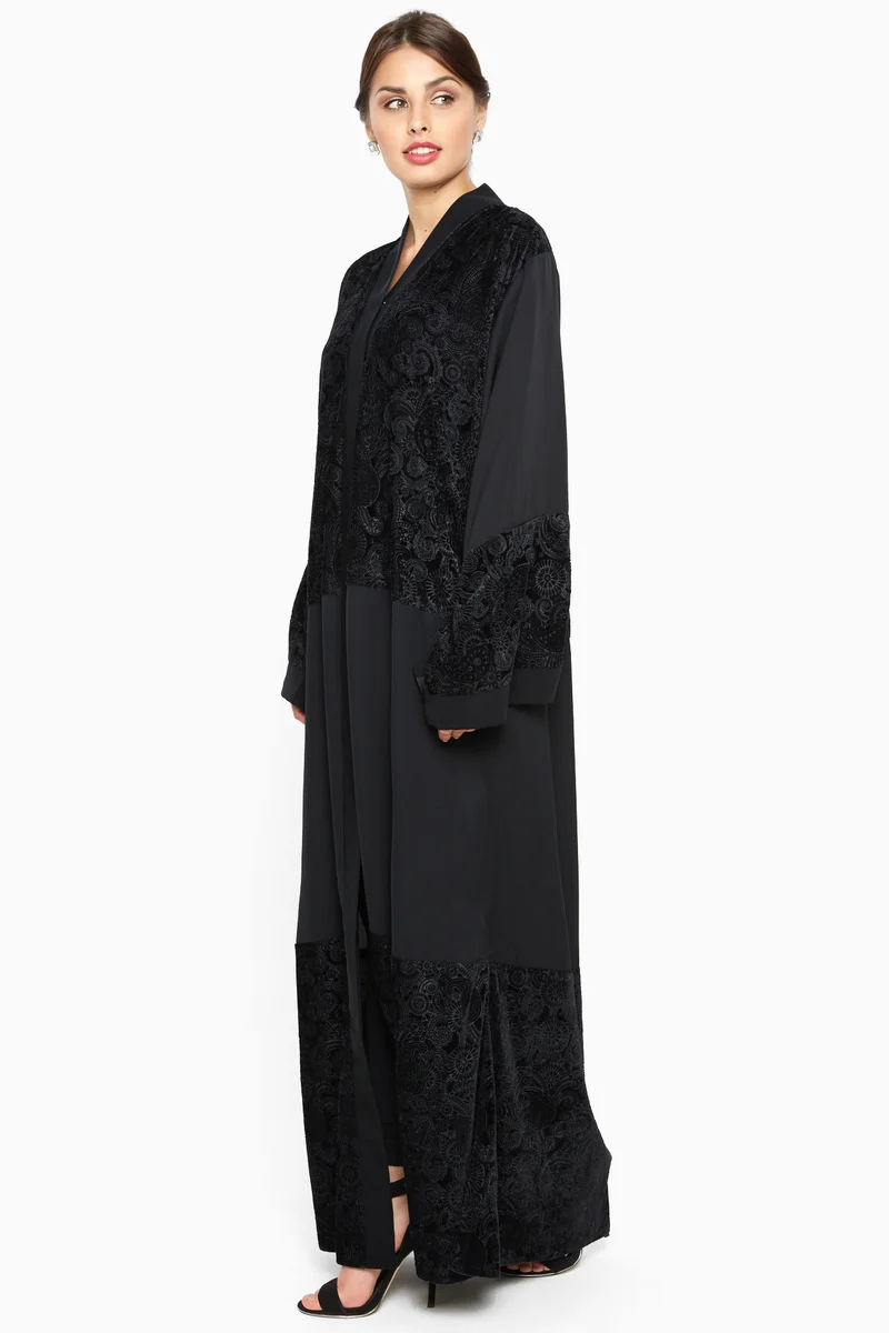 النخبة An elegant abaya in floral self embolished rich velvet -AJ555A