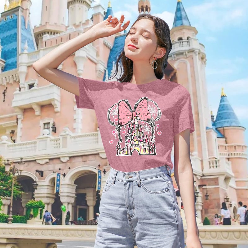 TAOHONG Women Magic Kingdom Shirt Castle Graphic Shirts Casual Family Vacation Holiday T Shirt Cute Short Sleeve Tee Top Lotus Pink - Image 2