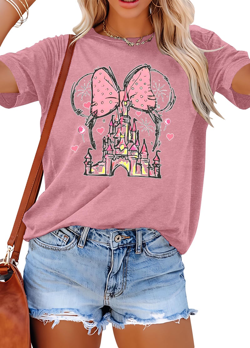 TAOHONG Women Magic Kingdom Shirt Castle Graphic Shirts Casual Family Vacation Holiday T Shirt Cute Short Sleeve Tee Top Lotus Pink - Image 1
