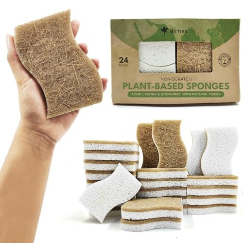 AIRNEX Natural Kitchen Sponges (24 Pack) - Biodegradable Cellulose & Coconut Scrubber Dish Sponges for Kitchen - Eco-Friendly, Non Scratch, Compostable, Non Toxic S-Shaped Natural Sponges for Dishes - Image 1