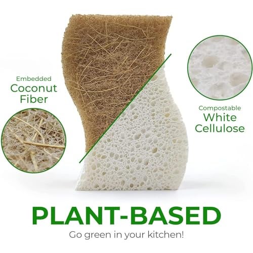 AIRNEX Natural Kitchen Sponges (24 Pack) - Biodegradable Cellulose & Coconut Scrubber Dish Sponges for Kitchen - Eco-Friendly, Non Scratch, Compostable, Non Toxic S-Shaped Natural Sponges for Dishes - Image 2