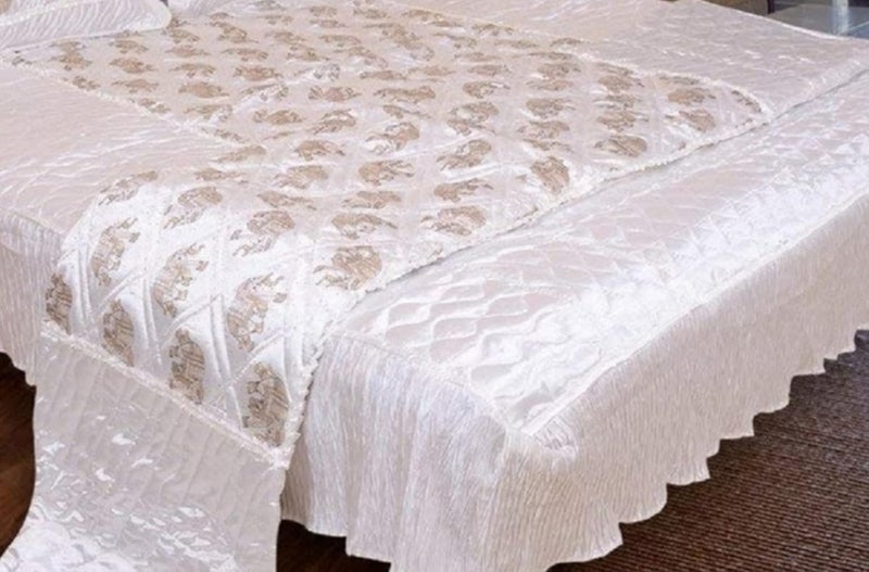 ManavRachit Satin Gold Printed 310 TC Wedding Bedding Set Bedsheet with 2 Pillow Covers 1 AC Comforter for Home Living RoomSet of 4pc HathiElephant PrintWhite - Image 2