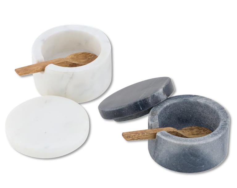 Cruiser’s Cache Cruiser’s Caché | Set of 2 Marble Salt Cellars with Spoons | One Each White & Gray | For Gourmet Salts, Pepper, Spices & Seasonings | Small Round Lidded - Image 1