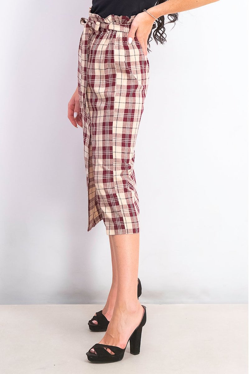 Miss Selfridge Women Checkered Midi Skirt, Maroon Combo - Image 3