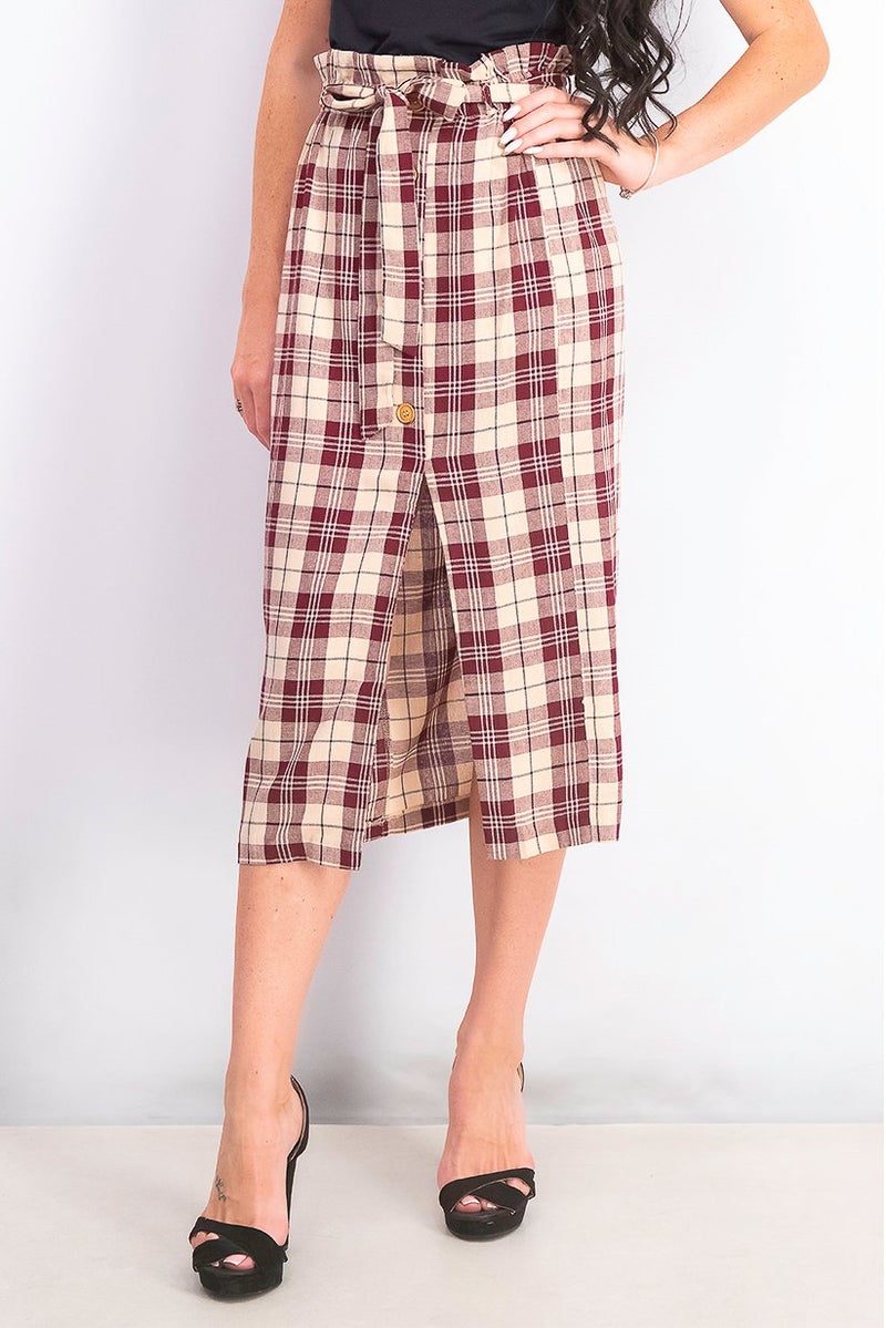 Miss Selfridge Women Checkered Midi Skirt, Maroon Combo - Image 1