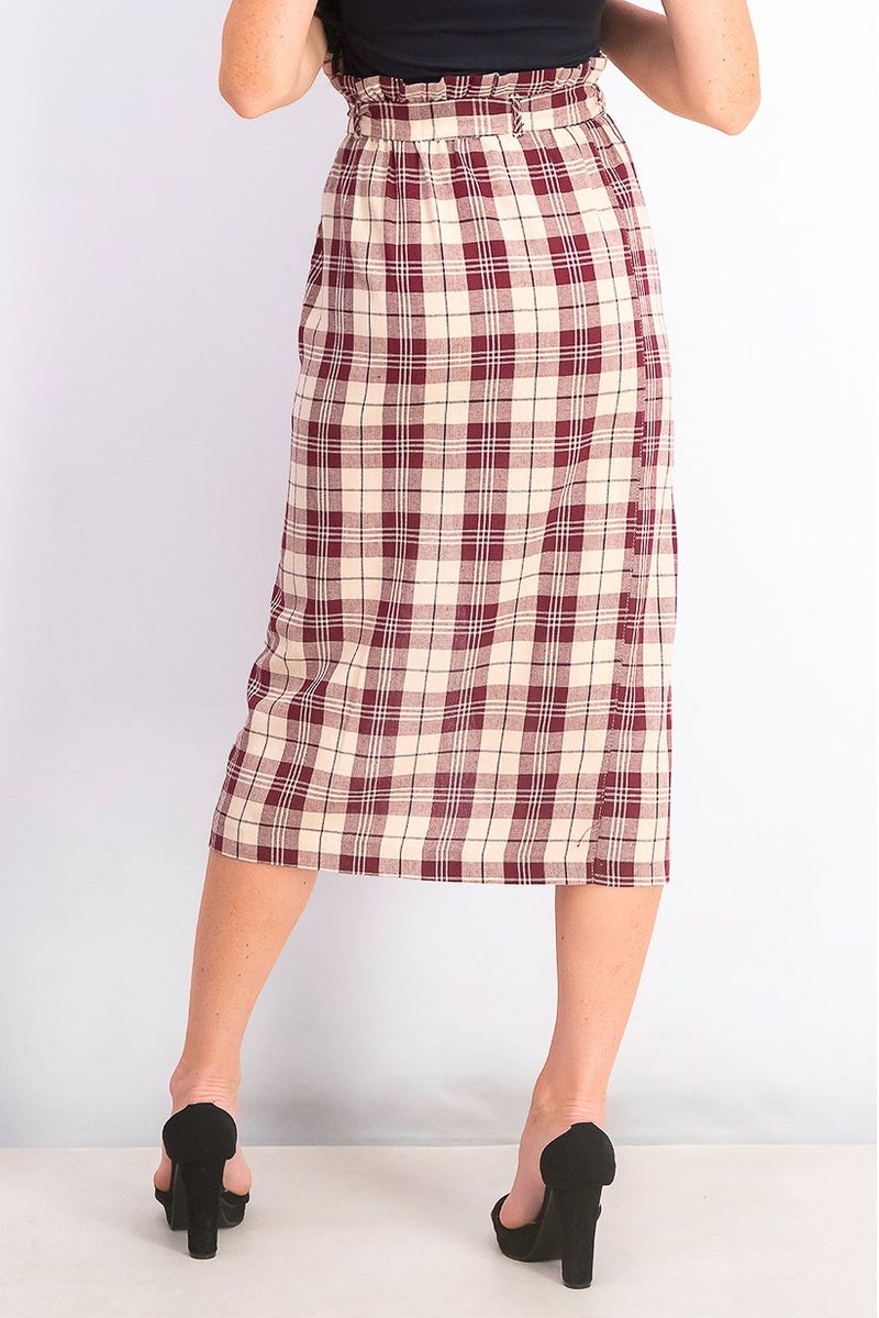 Miss Selfridge Women Checkered Midi Skirt, Maroon Combo - Image 2