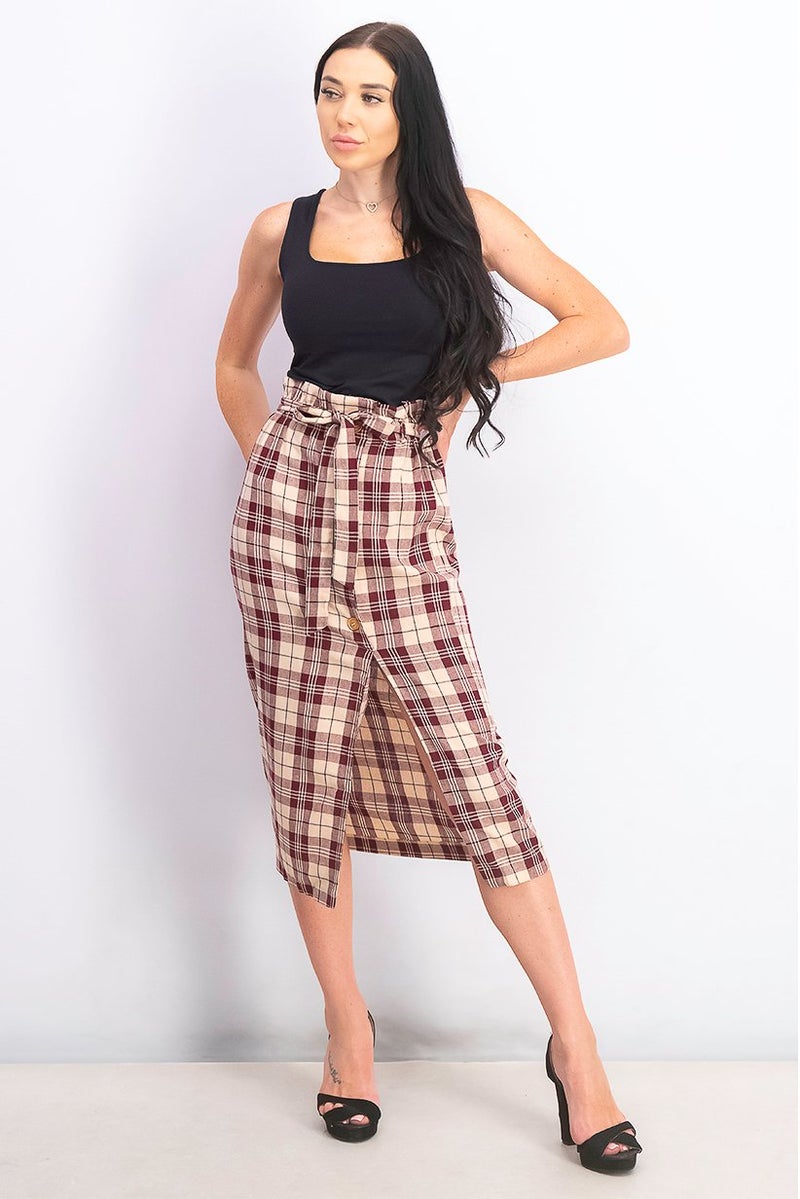 Miss Selfridge Women Checkered Midi Skirt, Maroon Combo - Image 4