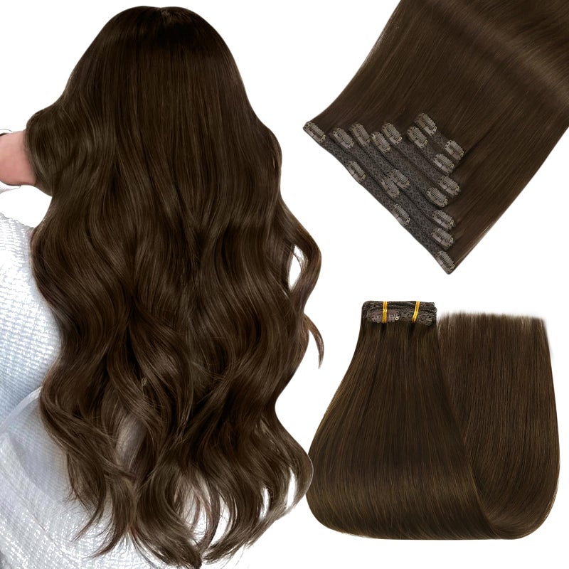 Easyouth Clip in Hair Extensions Real Human Hair Brown Remy Human Hair Clip in Extensions Darkest Brown Lightweight Clips on Hair Extension for Women 12 Inch 7Pcs 80G