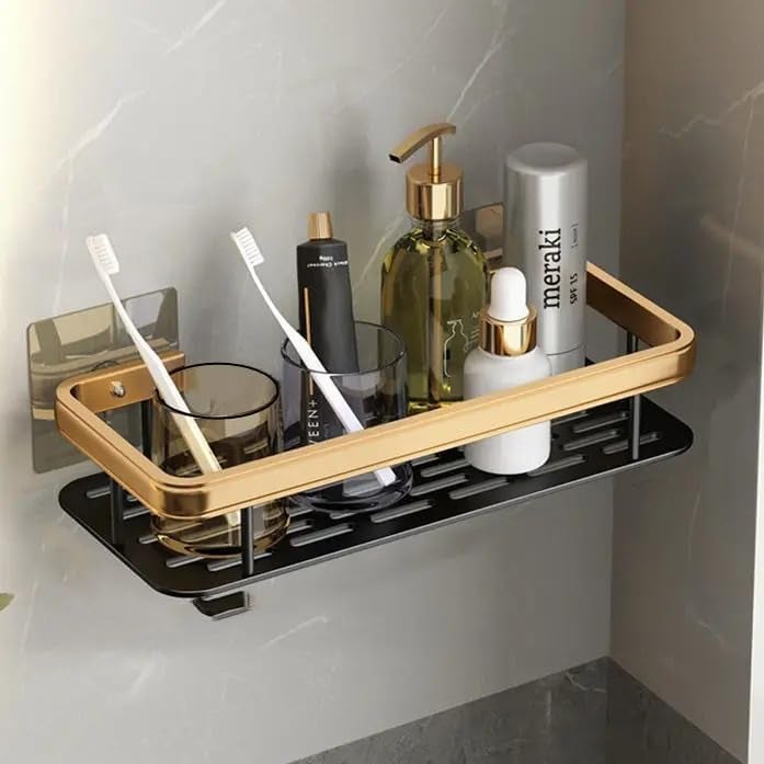 Gladnes 1 Pc (Golden) Wall Mounted Aluminium Bathroom Shelf Rack - Self-Adhesive Storage Organizer for Bathroom & Kitchen, Large Capacity Space-Saving Holder - Image 1