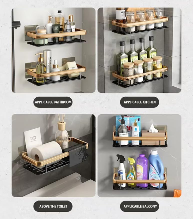 Gladnes 1 Pc (Golden) Wall Mounted Aluminium Bathroom Shelf Rack - Self-Adhesive Storage Organizer for Bathroom & Kitchen, Large Capacity Space-Saving Holder - Image 3