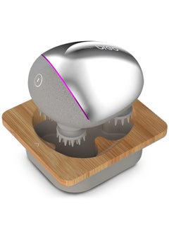Breo Portable Mini Scalp Massager – IPX7 Waterproof Rechargeable Head Massager for Scalp Relax, Stress Relief Tool with Bamboo Wood Charging Base, Removable Massage Nodes (Silver with Base)  - Image 1
