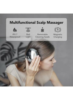 Breo Portable Mini Scalp Massager – IPX7 Waterproof Rechargeable Head Massager for Scalp Relax, Stress Relief Tool with Bamboo Wood Charging Base, Removable Massage Nodes (Silver with Base)  - Image 2