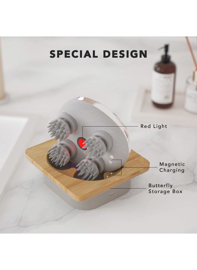 Breo - Portable Mini Scalp Massager – IPX7 Waterproof Rechargeable Head Massager for Scalp Relax, Stress Relief Tool with Bamboo Wood Charging Base, Removable Massage Nodes (Silver with Base) - Image 1