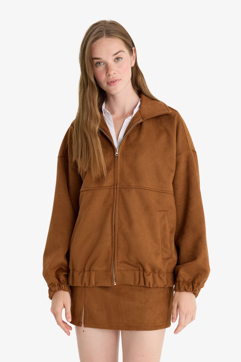DeFacto Brown Woman Suede Bomber Jacket Casual - Image 4