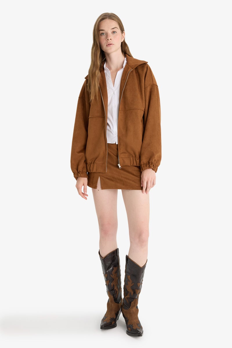 DeFacto Brown Woman Suede Bomber Jacket Casual - Image 2