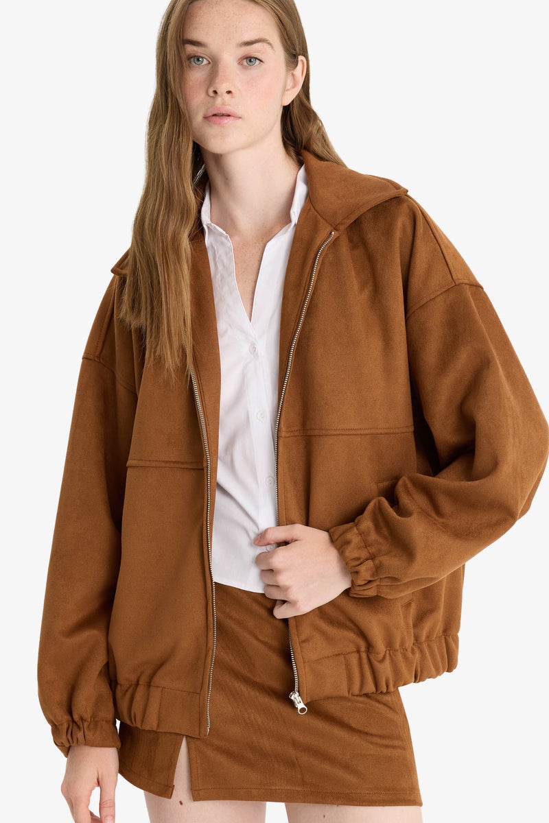 DeFacto Brown Woman Suede Bomber Jacket Casual - Image 1