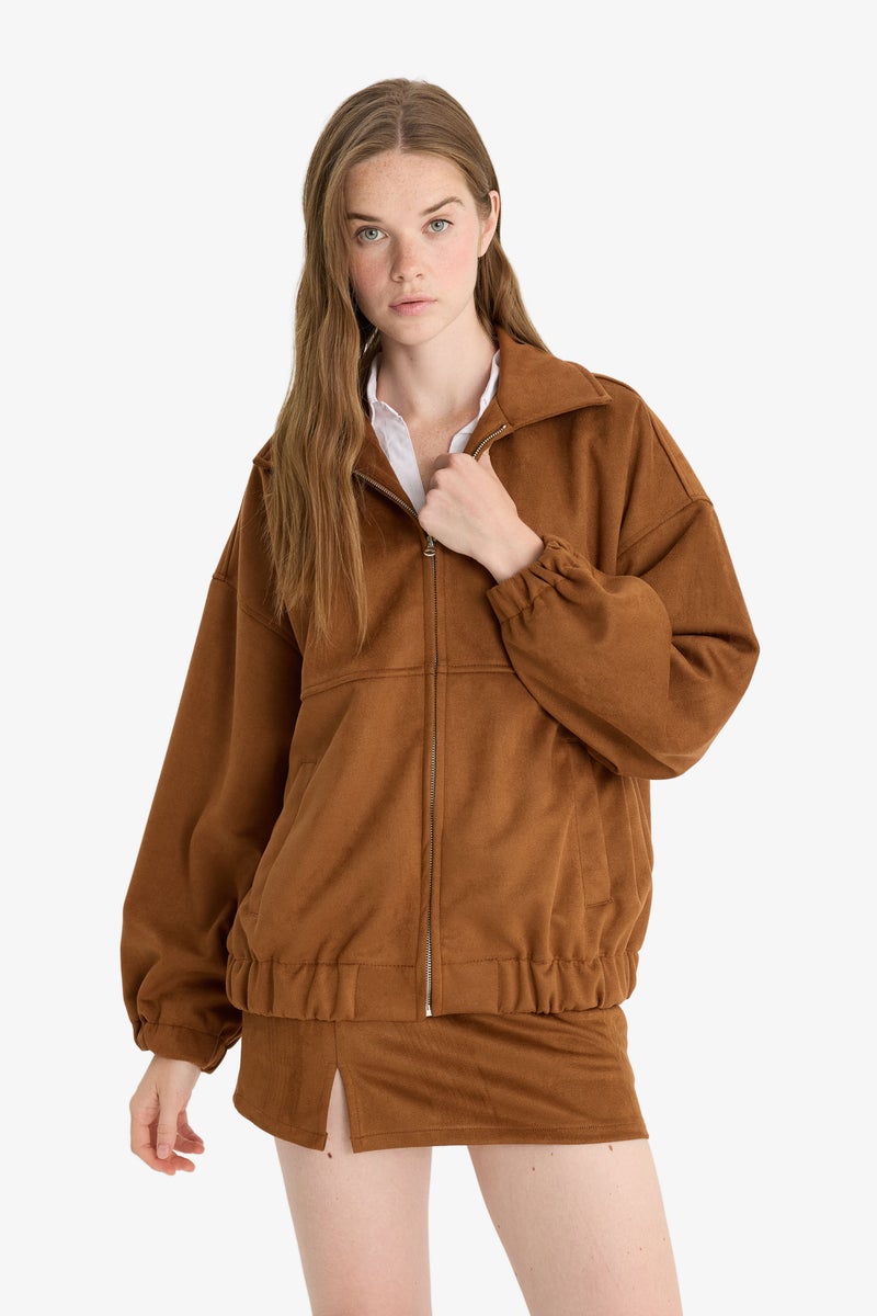 DeFacto Brown Woman Suede Bomber Jacket Casual - Image 3