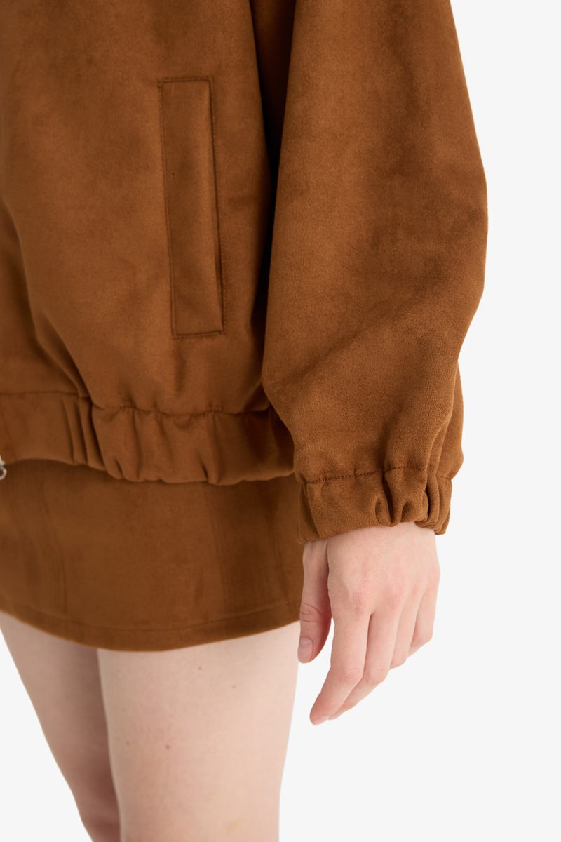 DeFacto Brown Woman Suede Bomber Jacket Casual - Image 5
