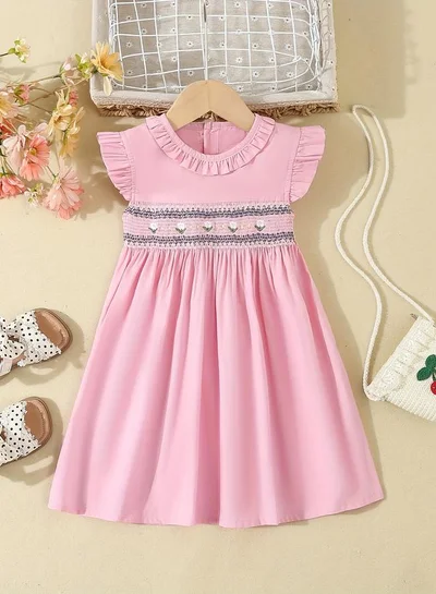 تايك تو فستان مطرز بلمسة سموك للبنات باللون الوردي