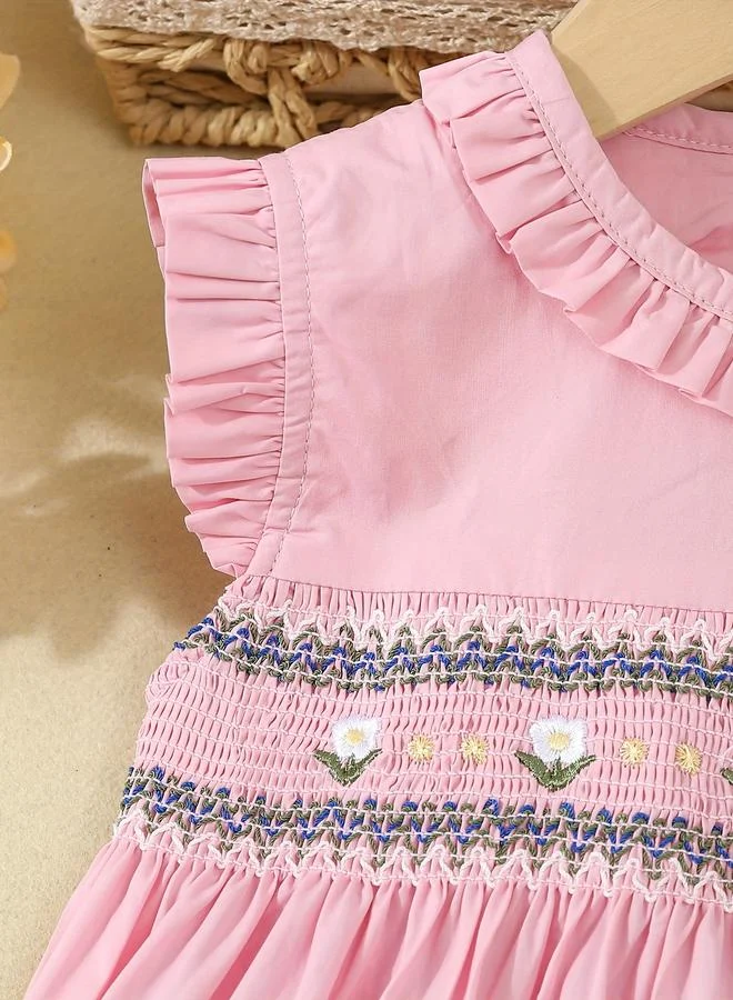 Take Two Take Two Girls Pink Smocked Detail Embroidered Dress