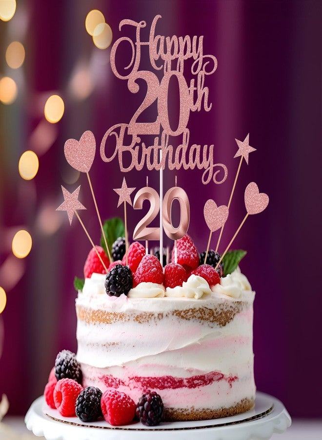 Lecferrarc زينة كعكة عيد الميلاد العشرين من ليكفيرارك، شموع عيد الميلاد العشرين، شموع أرقام الكعكة، ومجموعة زينة كعكة عيد الميلاد العشرين اللامعة (ذهبي وردي) لمستلزمات حفلات أعياد الميلاد. - Image 4
