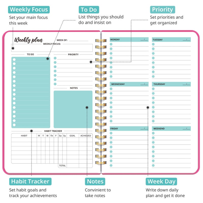 Taja Undated Weekly Planner, Weekly To Do List Notebook with Goal & Habit Tracker Organizer, A5 Weekly Planner Notebook with Spiral Binding, 6.1" x 8.2" - Berry Pink - Image 2