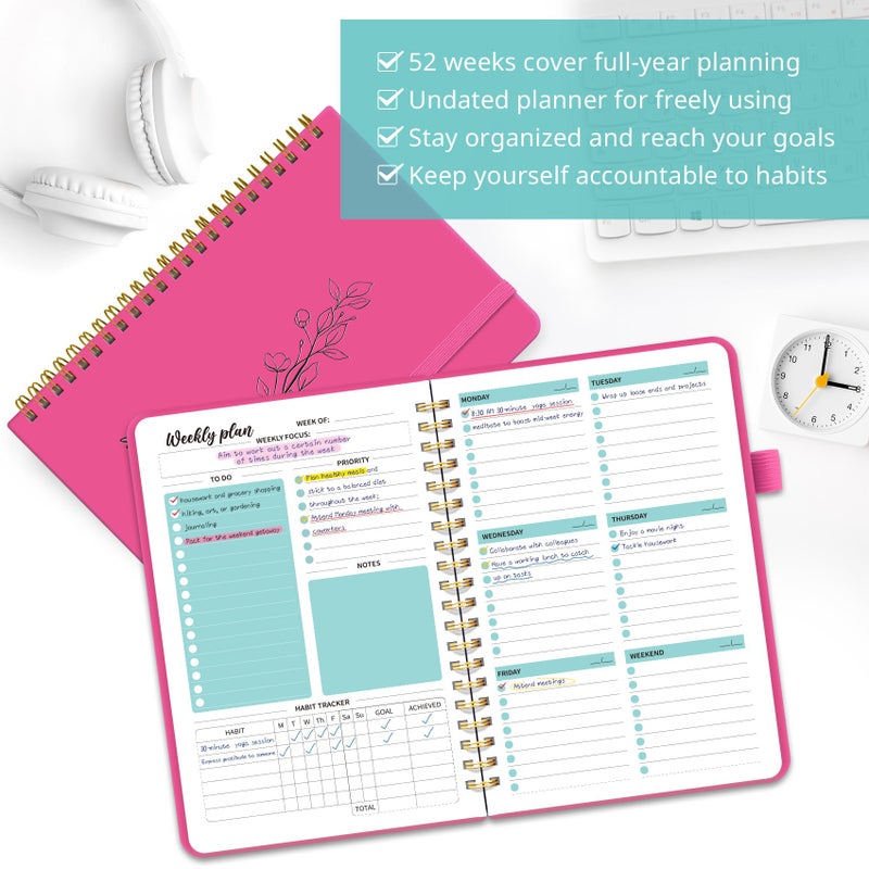Taja Undated Weekly Planner, Weekly To Do List Notebook with Goal & Habit Tracker Organizer, A5 Weekly Planner Notebook with Spiral Binding, 6.1" x 8.2" - Berry Pink - Image 3