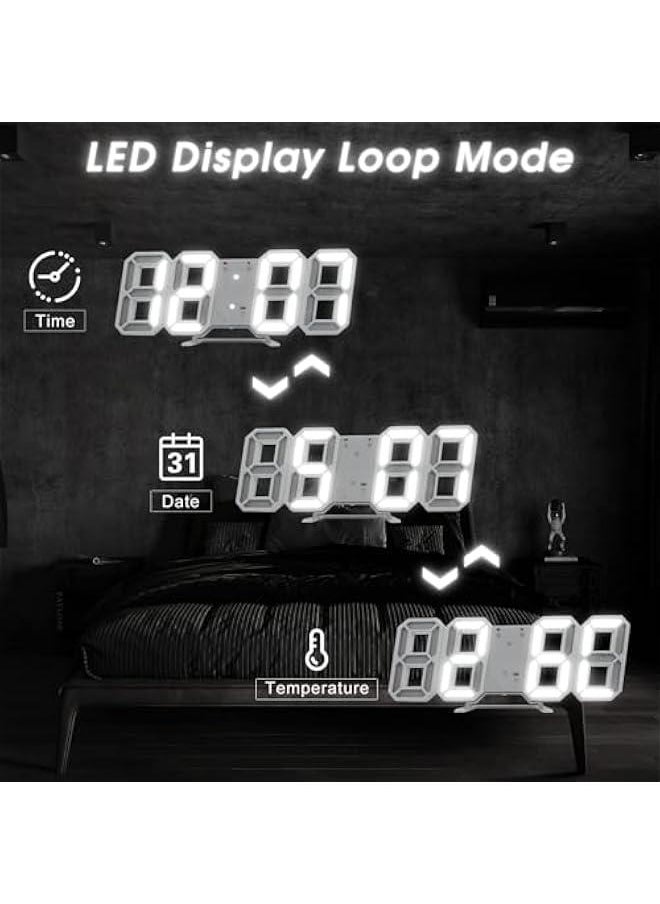 HOOKOR 3D LED Digital Alarm Clock Easy Read, Modern Design LED Wall/Desk Clocks with Alarm, Multi-Levels Brightness, Time, Date, Thermometer, Nightlight for Bedroom Office Kitchen (White)  - Image 4