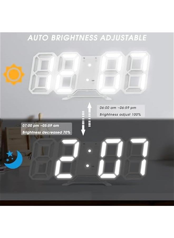 HOOKOR 3D LED Digital Alarm Clock Easy Read, Modern Design LED Wall/Desk Clocks with Alarm, Multi-Levels Brightness, Time, Date, Thermometer, Nightlight for Bedroom Office Kitchen (White)  - Image 5