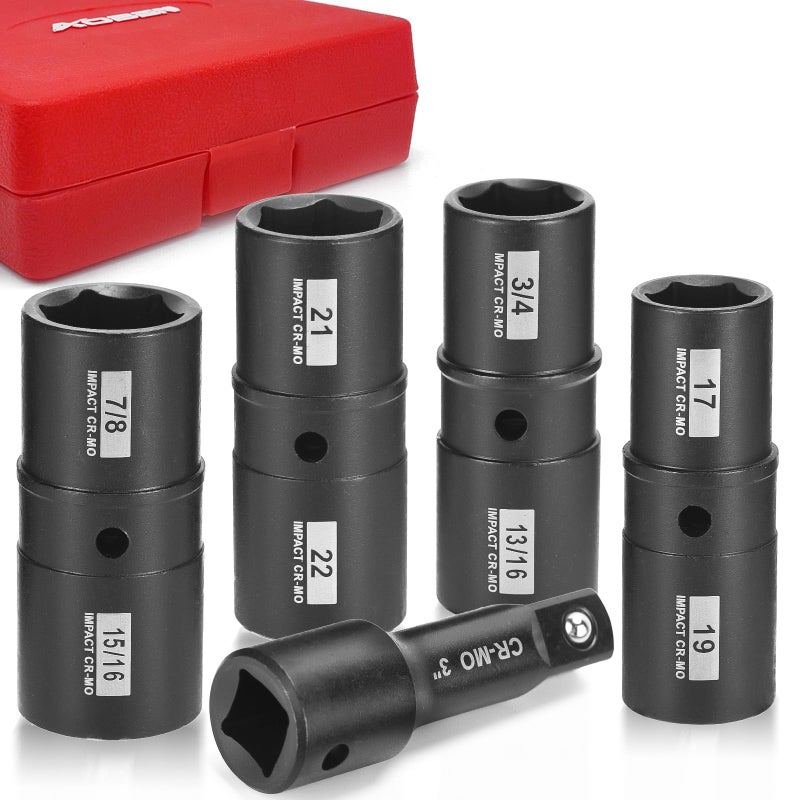 AOBEN 5 PCS 12 Drive Impact Socket Set Flip Socket Set with CrMo Steel Includes 3 Inch Bar Extension SAE and Metric Sizes