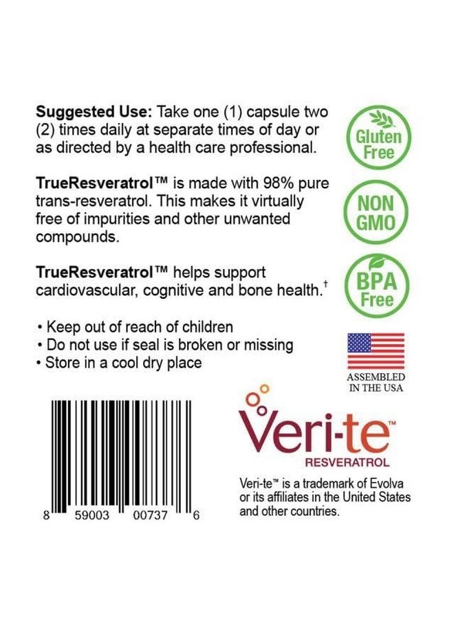 نايتشر سيتي - NatureCity TrueResveratrol 75mg Trans Resveratrol Supplement of 98% Pure Veri-te | مكمل مضاد للأكسدة مضاد للشيخوخة لدعم القلب والأوعية الدموية والمناعة والعظام والإدراك | 60 كبسولة نباتية - Image 1