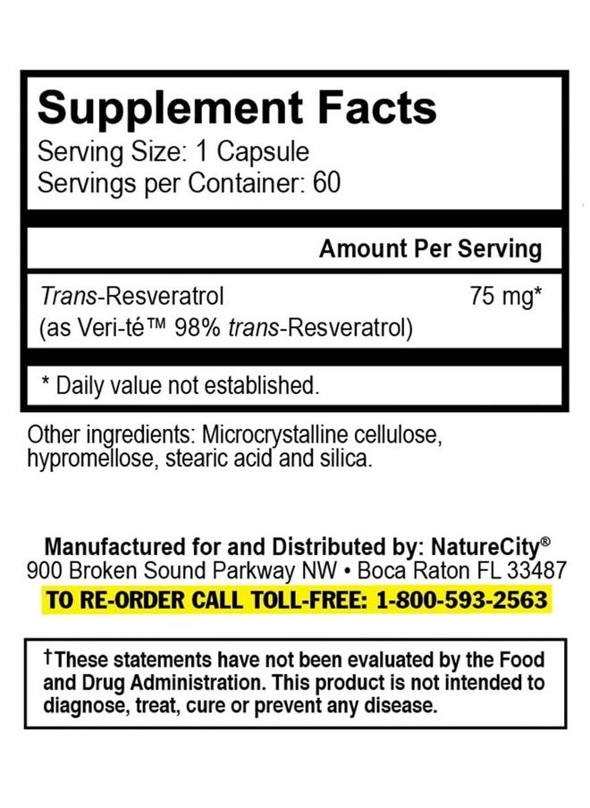 نايتشر سيتي - NatureCity TrueResveratrol 75mg Trans Resveratrol Supplement of 98% Pure Veri-te | مكمل مضاد للأكسدة مضاد للشيخوخة لدعم القلب والأوعية الدموية والمناعة والعظام والإدراك | 60 كبسولة نباتية - Image 1