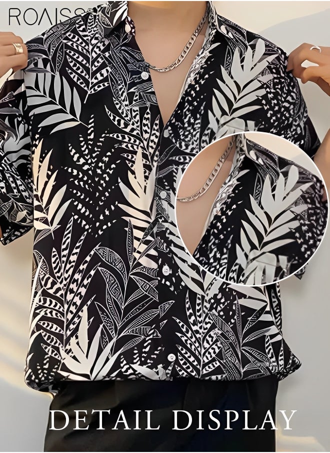 roaiss - Men's Hawaiian Printed Vacation Shirt Lightweight And Stylish Loose Fitting Lapel Short Sleeved Top Button Open Close Beach Cardigan - Image 1