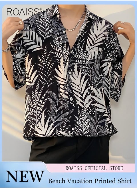 Men's Hawaiian Printed Vacation Shirt Lightweight And Stylish Loose Fitting Lapel Short Sleeved Top Button Open Close Beach Cardigan