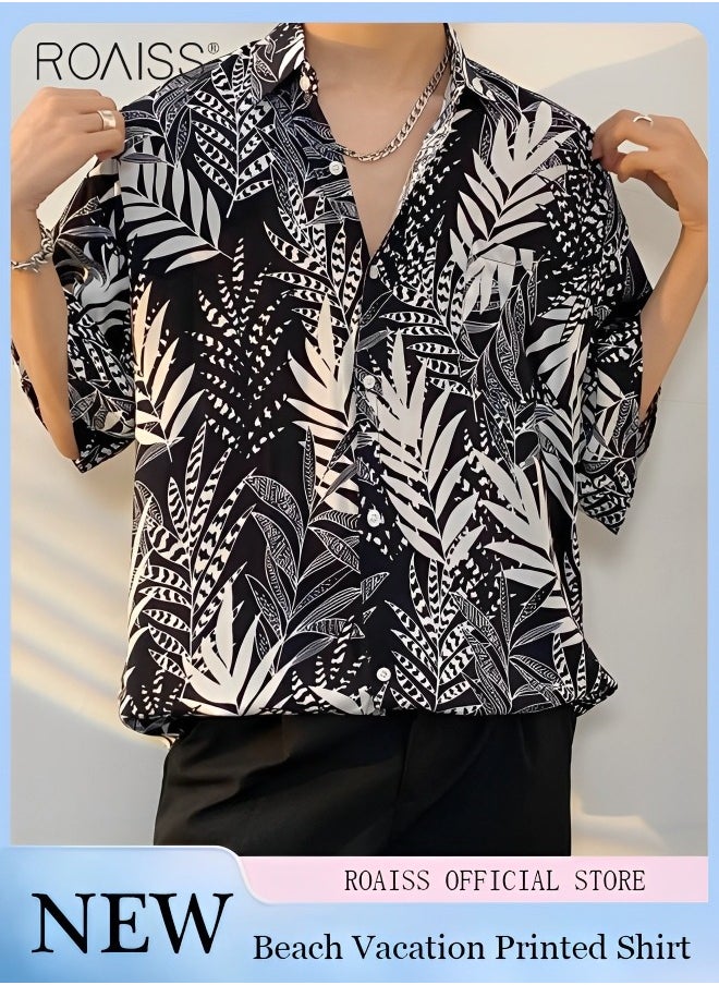 roaiss - Men's Hawaiian Printed Vacation Shirt Lightweight And Stylish Loose Fitting Lapel Short Sleeved Top Button Open Close Beach Cardigan - Image 1