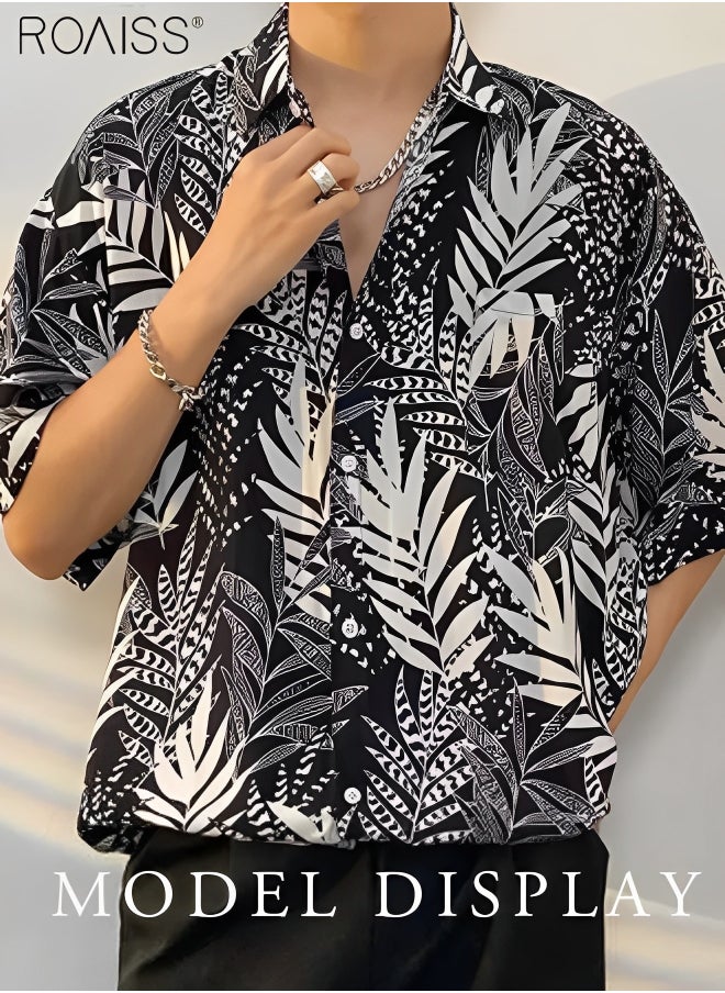 roaiss - Men's Hawaiian Printed Vacation Shirt Lightweight And Stylish Loose Fitting Lapel Short Sleeved Top Button Open Close Beach Cardigan - Image 1