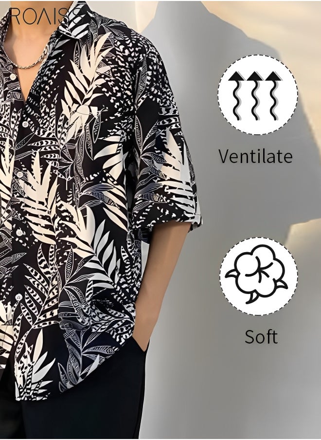 roaiss - Men's Hawaiian Printed Vacation Shirt Lightweight And Stylish Loose Fitting Lapel Short Sleeved Top Button Open Close Beach Cardigan - Image 1