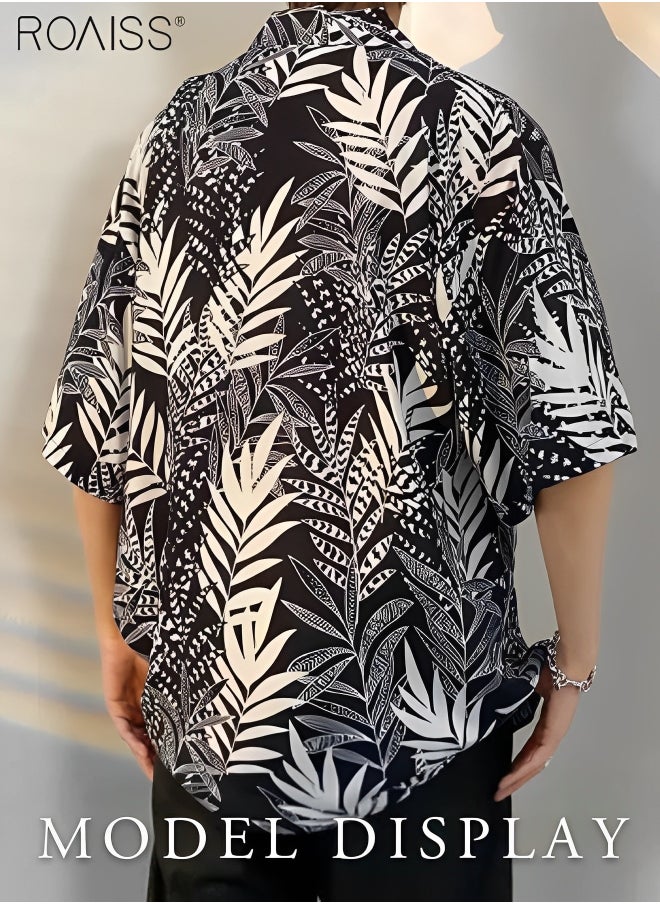 roaiss - Men's Hawaiian Printed Vacation Shirt Lightweight And Stylish Loose Fitting Lapel Short Sleeved Top Button Open Close Beach Cardigan - Image 1