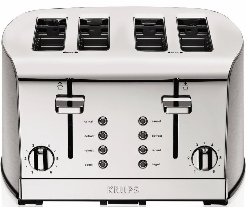Krups KRUPS Breakfast Set Stainless Steel Toaster 4 Slice 1500 Watts 6 Brown Settings Defrost Reheat High Lift Lever Silver Matte and Chrome 