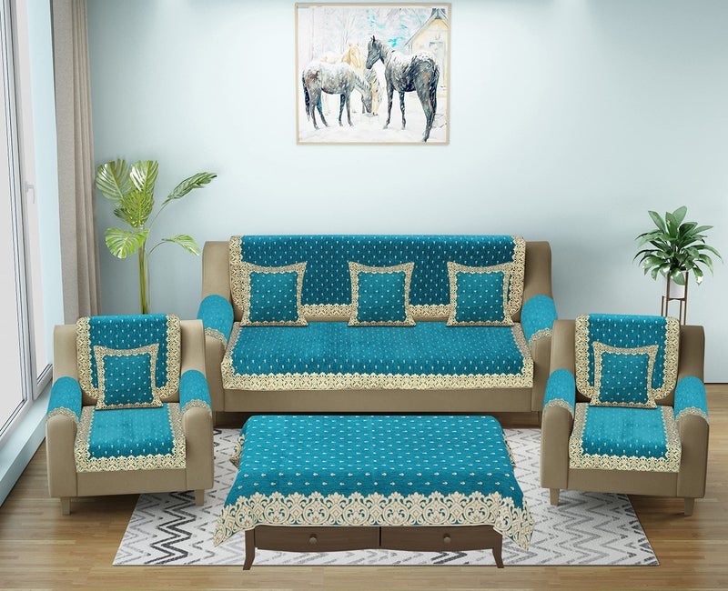 Dazzling DECOR Slip Covers with Arm and Cushion and Table Cover - 3+2 Seater Velvet Sofa Cover Set for Single Sofa Couch - 5 Seater Sofa Seat Protector Slip and Back Covers, 2801_Sky - Image 1