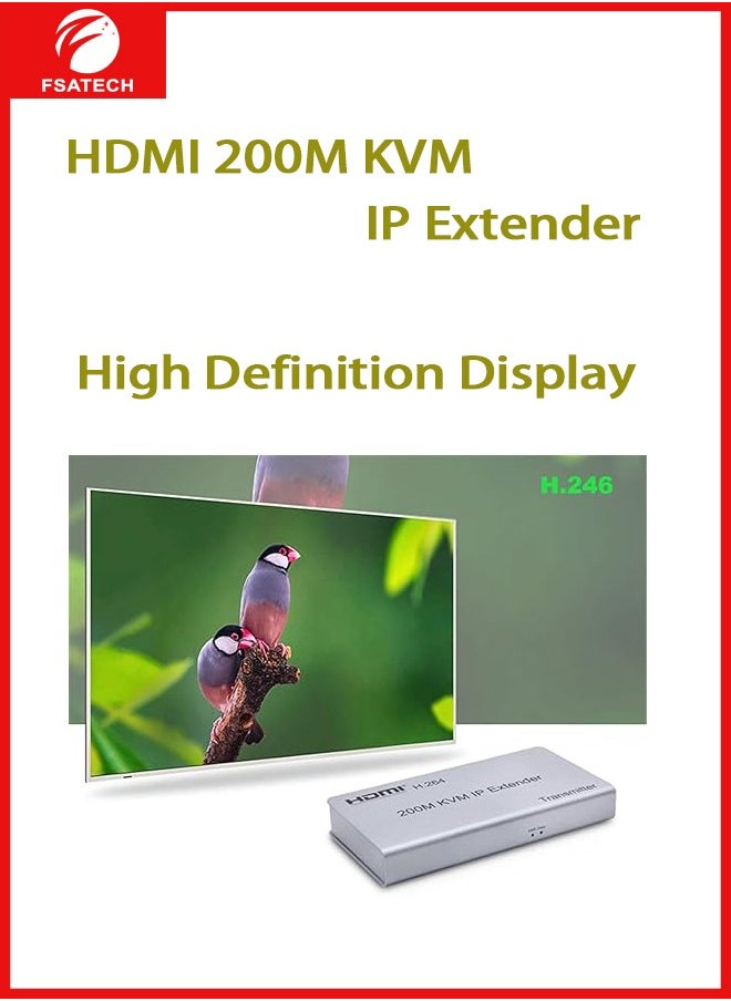 FSATECH - 200M HDMI KVM IP Extender, Over IP RJ45 Ethernet CAT6 6A Transmitter Receiver 1 TX to 20 RX and Cascade Connection USB Keyboard Mouse Over UTP/STP H.264 Plug and play … (TX+RX - Image 1
