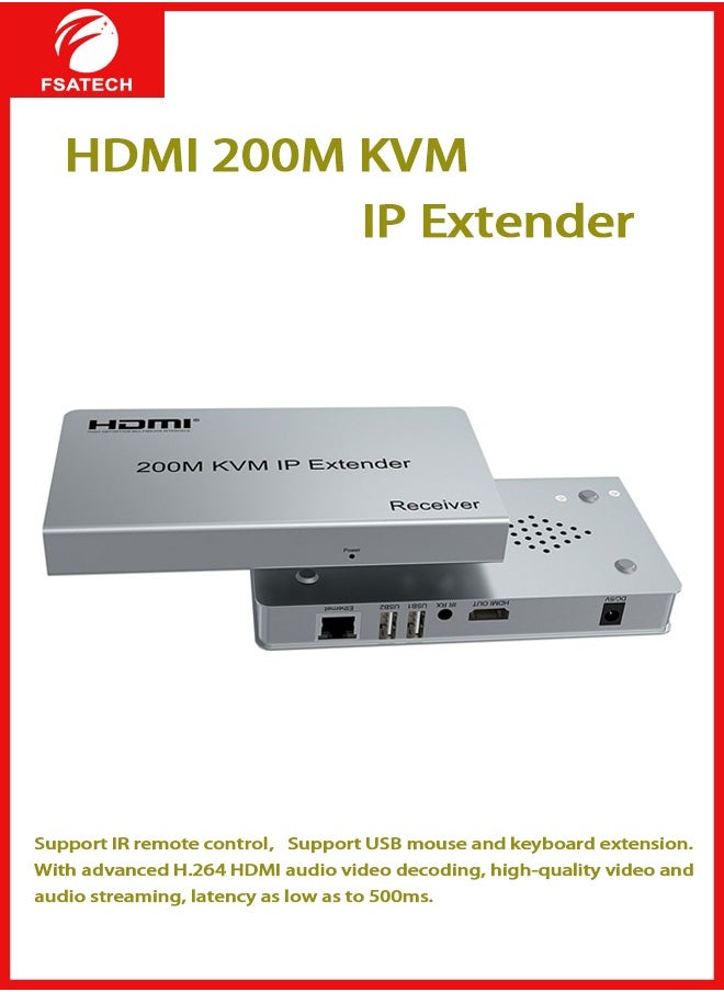 FSATECH - 200M HDMI KVM IP Extender, Over IP RJ45 Ethernet CAT6 6A Transmitter Receiver 1 TX to 20 RX and Cascade Connection USB Keyboard Mouse Over UTP/STP H.264 Plug and play … (TX+RX - Image 1