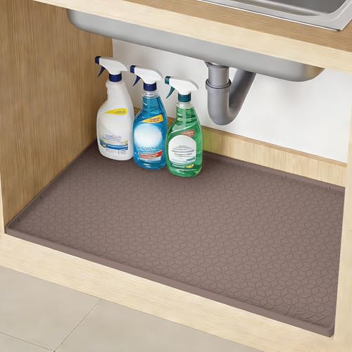 TRZZ Silicone Waterproof Under Sink Mat 34 x 22 Drip Tray and Cabinet Liner for Kitchen and Bathroom Prevents Water Damage and Organizes Cabinets Brown - Image 1