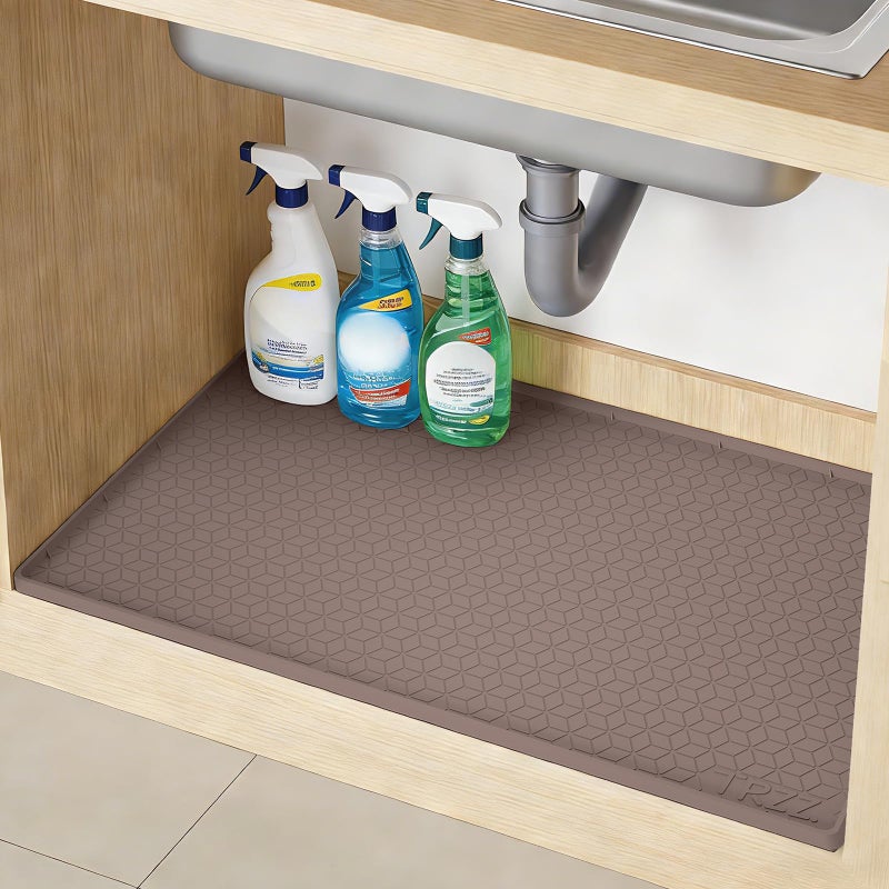 TRZZ Silicone Waterproof Under Sink Mat 34 x 22 Drip Tray and Cabinet Liner for Kitchen and Bathroom Prevents Water Damage and Organizes Cabinets Brown - Image 2