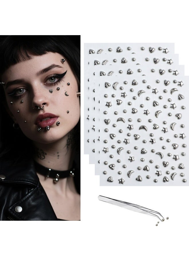 440pcs Sliver Face Gem Rhinestones Stickers Fake Lip Nails Stickers Fake Nose Stud Eyebrow Ear Stud Non Piercing Earring Studs Silver Belly Button Jewelry Gothic Cool Punk Y2K Makeup for Women Men - Image 1
