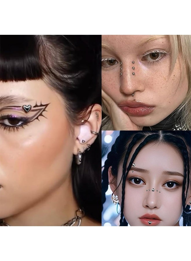 440pcs Sliver Face Gem Rhinestones Stickers Fake Lip Nails Stickers Fake Nose Stud Eyebrow Ear Stud Non Piercing Earring Studs Silver Belly Button Jewelry Gothic Cool Punk Y2K Makeup for Women Men - Image 4