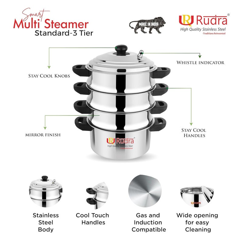 Rudra Stainless Steel Smart Multi Steamer GasInduction friendly Nonstick 3Layer Bottom 100 Pure ToxinfreeStandard 3 Tier - Image 5