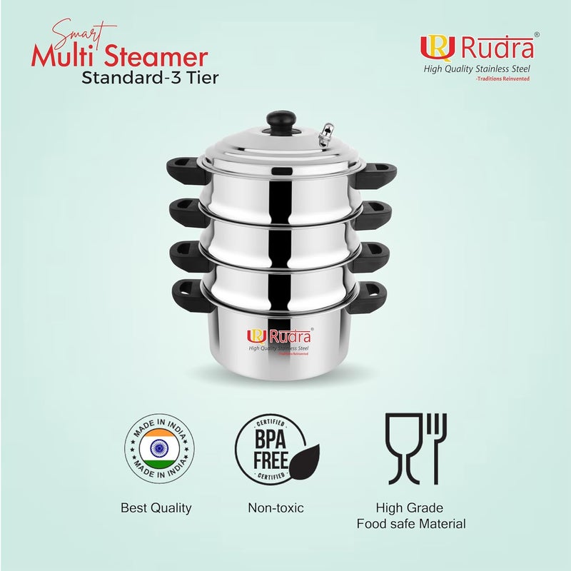 Rudra Stainless Steel Smart Multi Steamer GasInduction friendly Nonstick 3Layer Bottom 100 Pure ToxinfreeStandard 3 Tier - Image 4